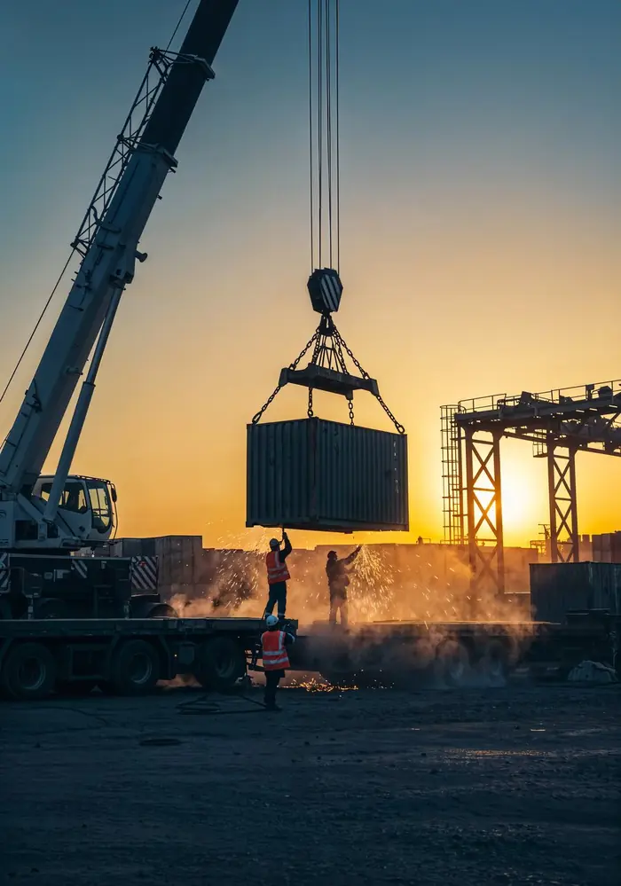 Crane unloading a shipping container at sunset on a construction site
